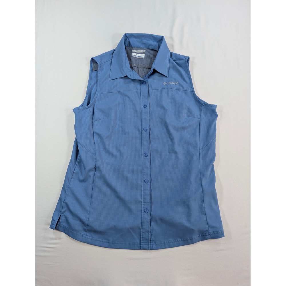 Columbia Omni-Shade Sleeveless Button Down Shirt Blue Ripstop Hiking Vest Large